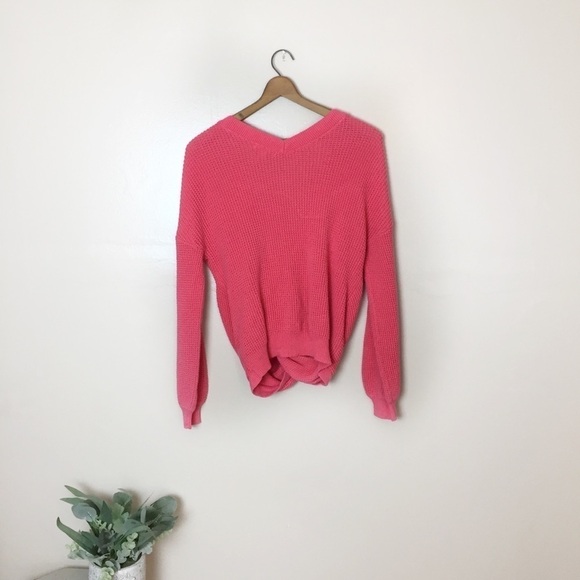 [BP.] Small Pink Knit Knotted Front Deep V-Neck Sweater - Picture 7 of 8